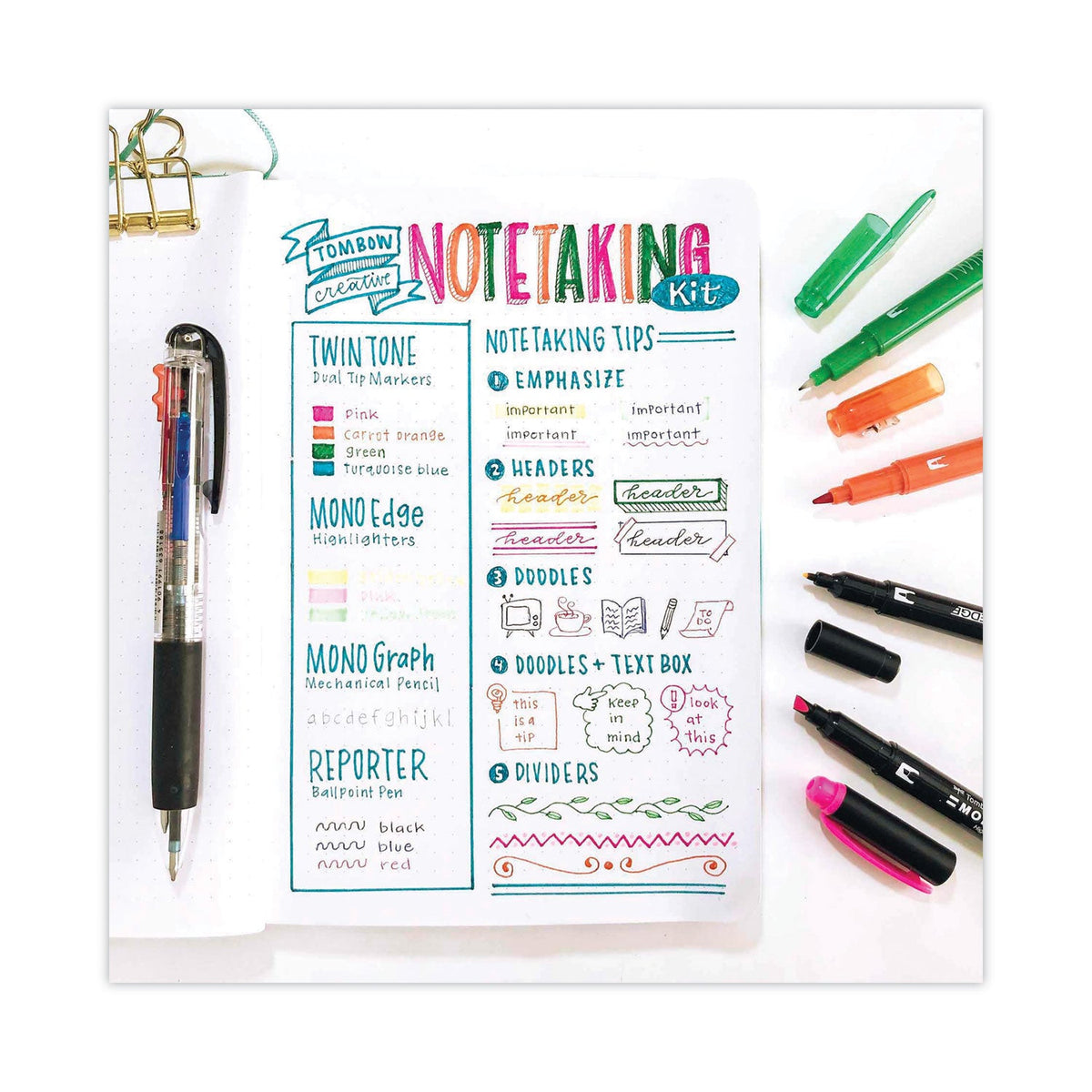 Tombow Creative Notetaking Kit, 0.7mm Ballpoint Pen, 0.5mm HB Pencil, (4) Bullet/Chisel Tip Markers,(3) Chisel/Fine Tip Highlighters